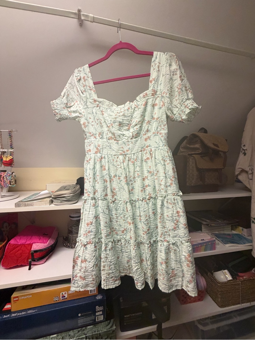 mine Mint Floral Puff-Sleeve Tiered Mini Dress - Picture 4 of 5